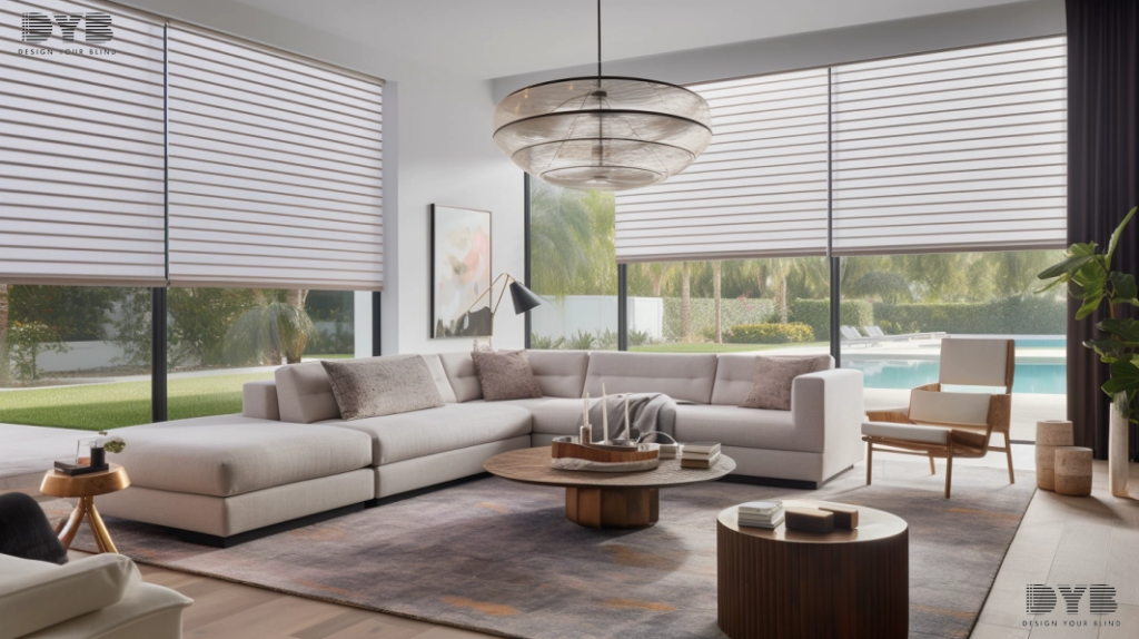 A family room in Parkland, Florida, showcasing a comfortable and stylish living space with furniture from Crate & Barrel and large windows adorned with Silhouette Shades, providing a serene and stylish atmosphere while offering a view of a backyard with a pool.