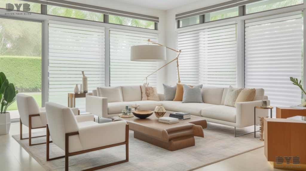 A bright and airy family room in Parkland, Florida with Silhouette Shades, offering a soft, diffused glow. The room features contemporary furniture from Arhaus, coastal accents, and stunning Backyard with pool view.