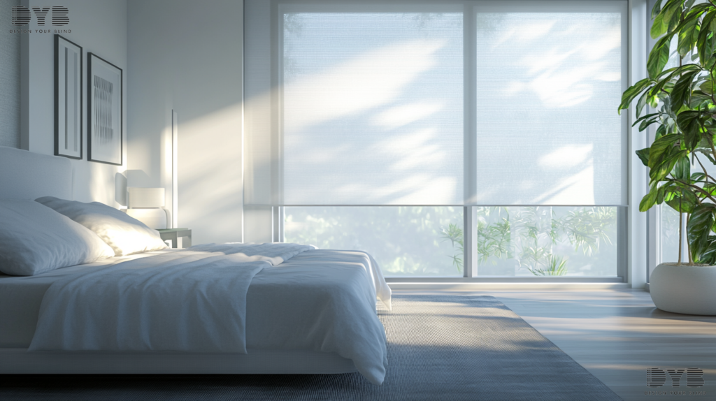 A minimalist bedroom in Parkland, FL, with fully closed Roller Shades creating a peaceful atmosphere
