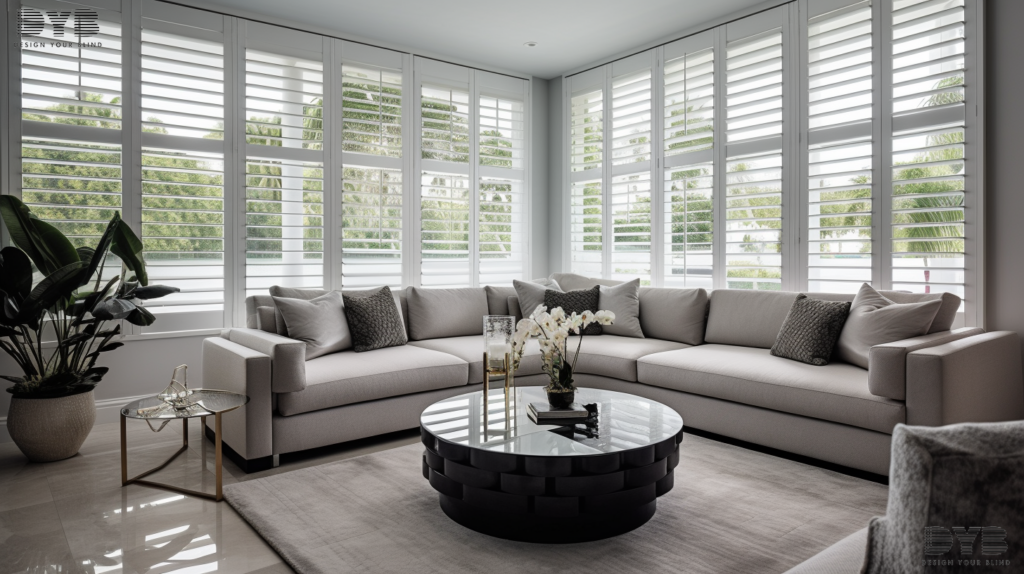 Boca Raton formal living room with Plantation Shutters, offering a stunning view and natural light.