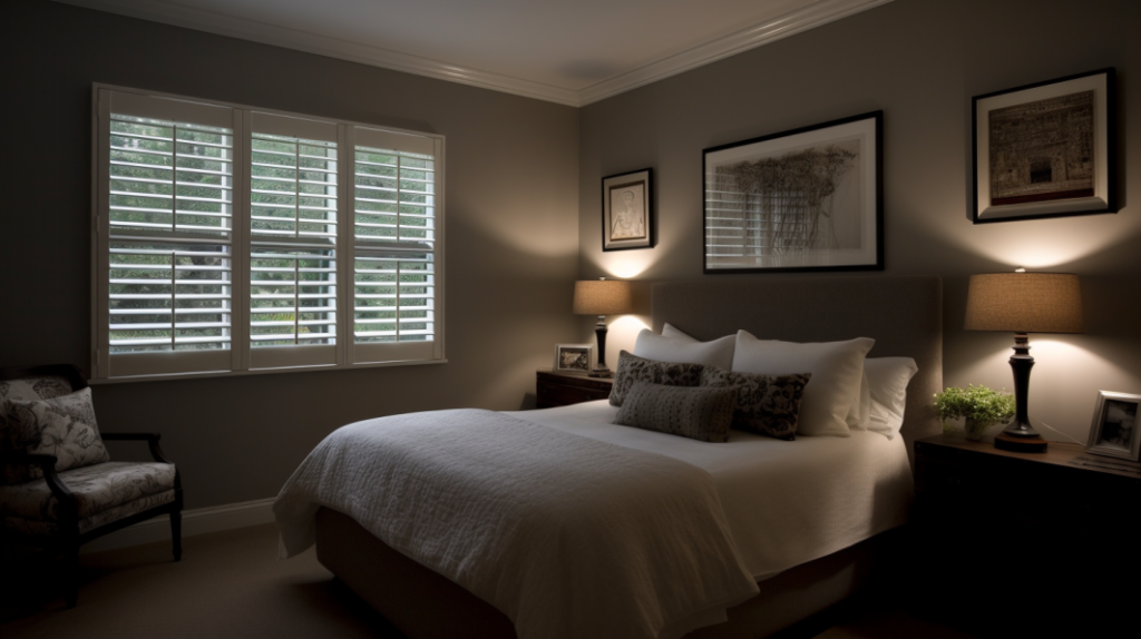 Boca Raton guest bedroom with Plantation Shutters, creating a calming and peaceful atmosphere.