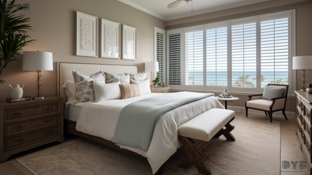 Boca Raton master bedroom with Plantation Shutters, framing a stunning ocean view.