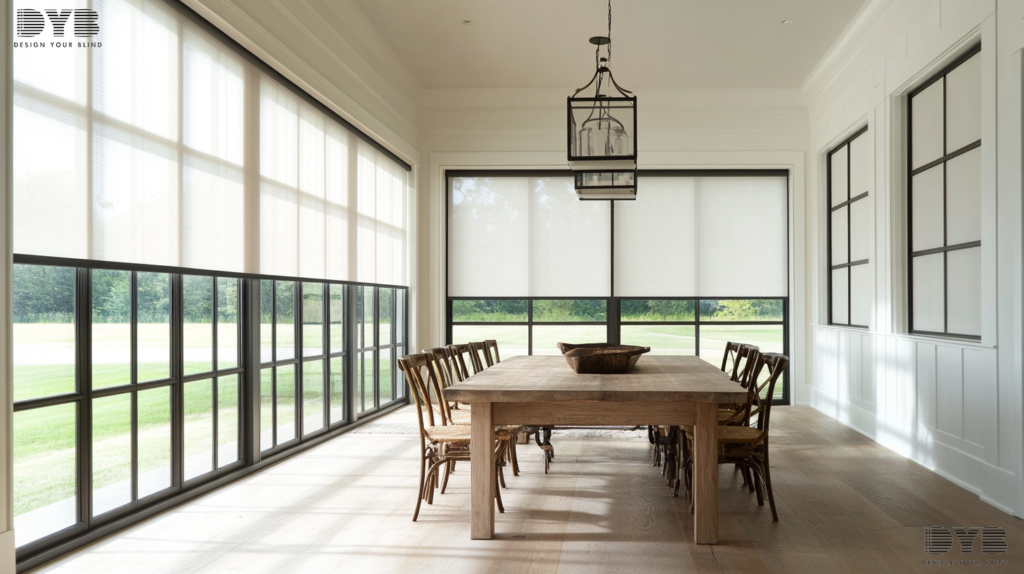 Partially closed Roller Shades filtering natural light in a casual dining room with Farmhouse Modern design
