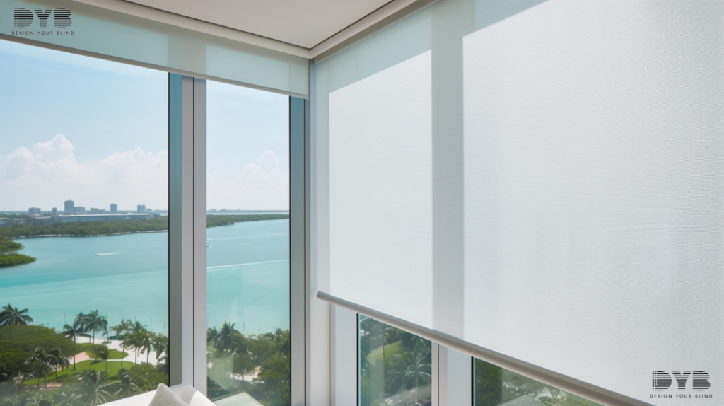 A close-up view of a Roller Shade partially open in a contemporary bedroom with an Intercoastal Waterway view
