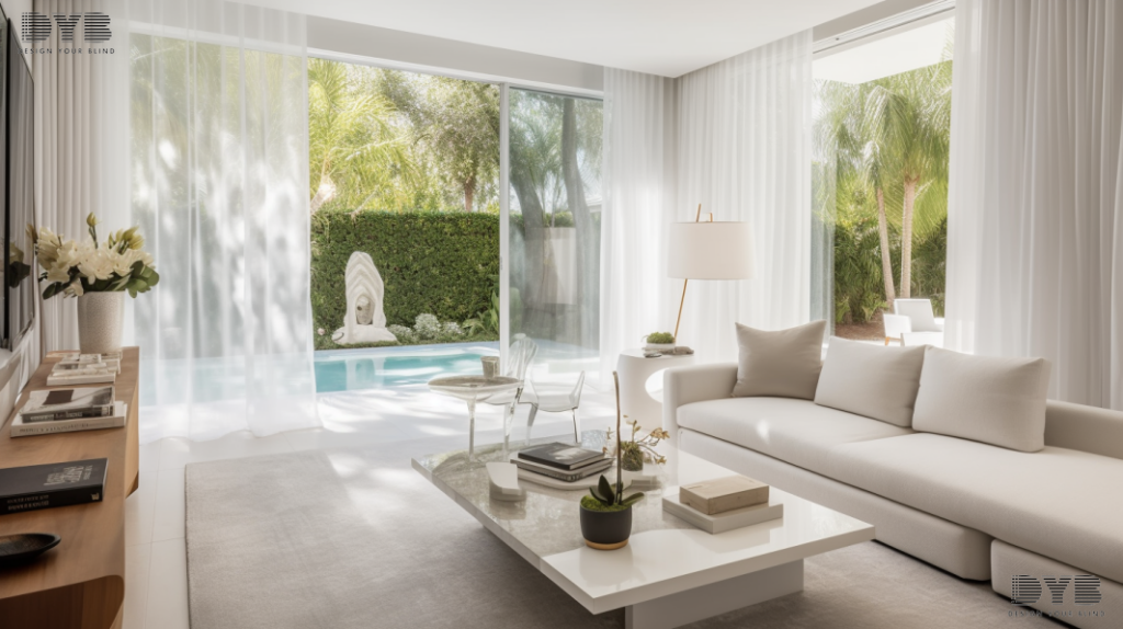 A living room in Palm Beach Gardens, FL, with Sheer Curtains, featuring a plush white sectional sofa, a stylish coffee table from Williams Sonoma, a lush backyard view, and a modern design.