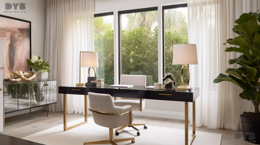 A modern home office in Palm Beach Gardens, FL, with Sheer Curtains, featuring a desk with a sleek chair from Mitchell Gold + Bob Williams, a contemporary aesthetic, and a lush garden view.