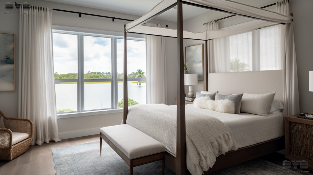 Sheer curtains in a Farmhouse Modern bedroom in Boynton Beach, offering a serene and peaceful atmosphere.