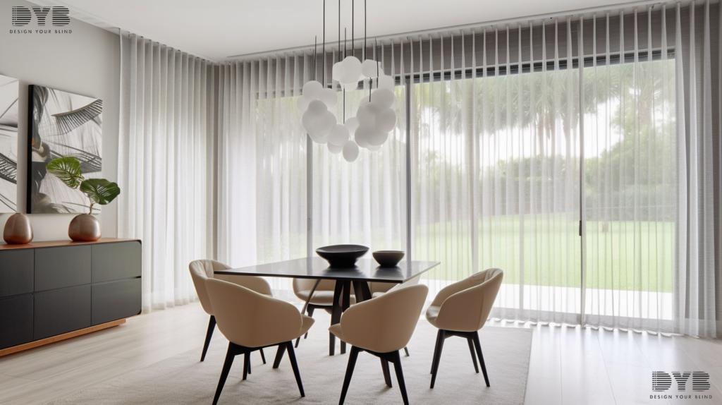 Sheer curtains in a modern dining room in Boynton Beach, creating a stylish and inviting space.