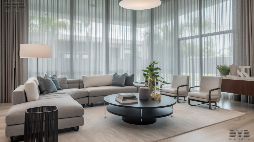 Sheer curtains in a modern Boynton Beach family room, allowing soft light to filter in.