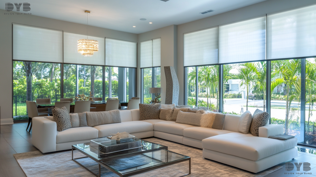 Partially closed Roller Shades in a formal living room with an Urban Modern design, featuring furniture from Restoration Hardware (RH)