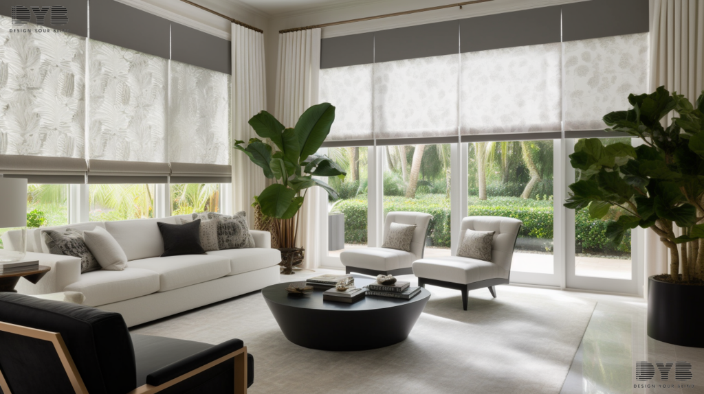 Roller Shades in a Transitional living room in Palm Beach Gardens, FL.