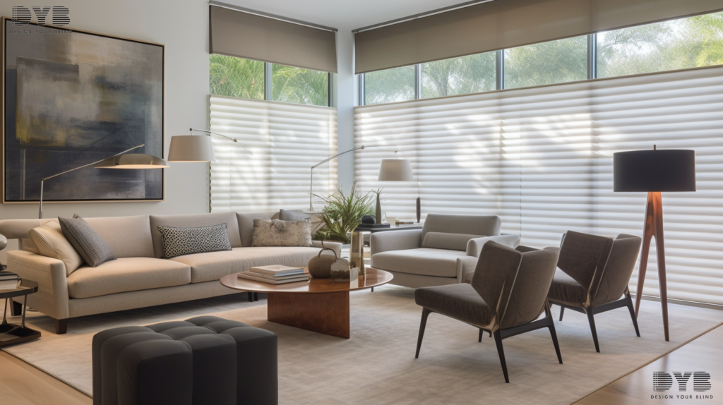 Roller Shades in an Urban Modern family room in Palm Beach Gardens, FL.