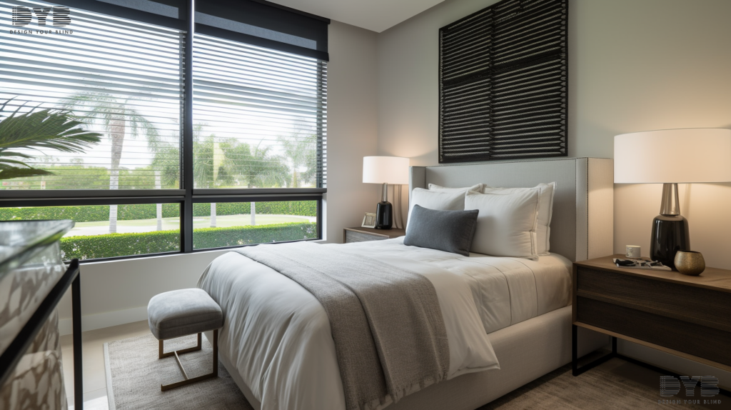 Silhouette Shades in a guest bedroom in Boynton Beach, Florida, with a golf course view