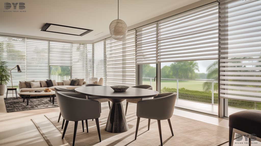 A contemporary dining room in Lighthouse Point, FL, with Roman Shades, an Ethan Allen dining table, and a view of a golf course.