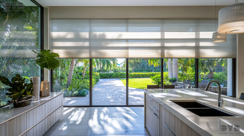 A Lighthouse Point kitchen with Zebra Shades that offer a perfect balance of light and privacy