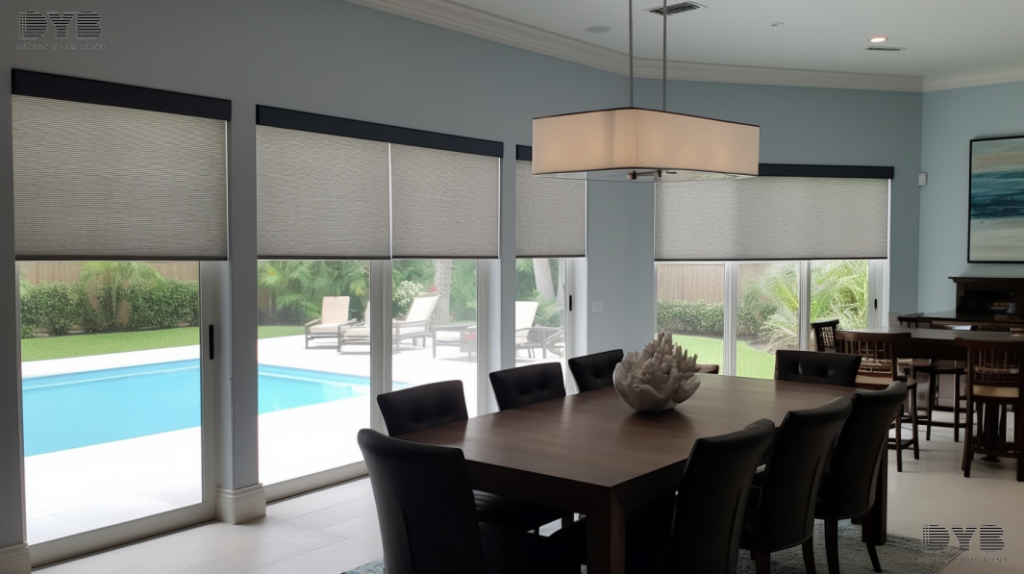 Blackout Roller Shades in a casual dining room in Boynton Beach, offering a relaxing and stylish ambiance