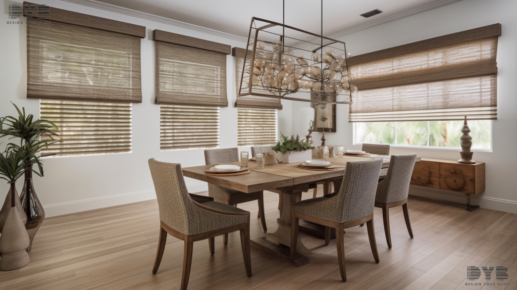 A Casual Dining Room with Woven Wood Shades in Boca Raton, Florida.