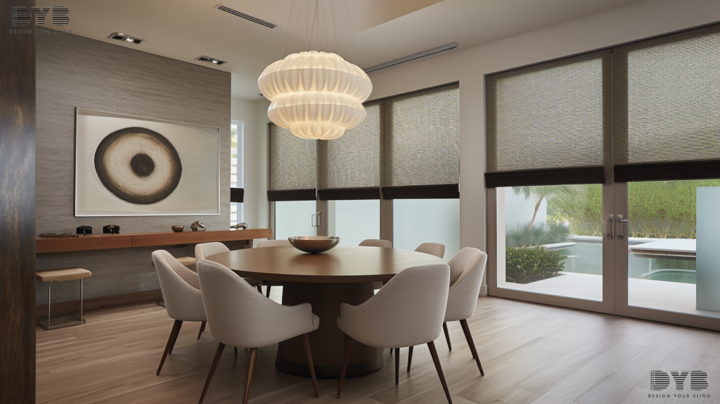 A dining room with Honeycomb Shades in Boca Raton, Florida.