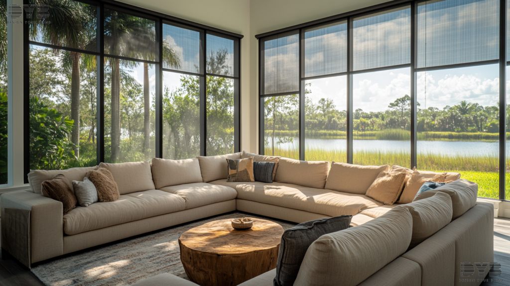 Blackout Roller Shades in a modern Boynton Beach family room, creating a serene atmosphere with dramatic shadows