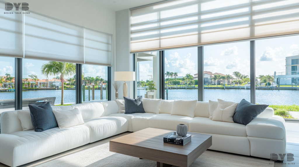 Close-up shot of Solar Shades in a Boynton Beach, FL Family Room with a modern interior design style and furniture from Williams Sonoma
