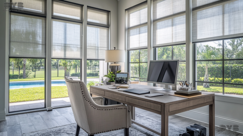 Solar Shades in a Boynton Beach, FL Home Office with a Farmhouse Modern interior design style and furniture from Ethan Allen