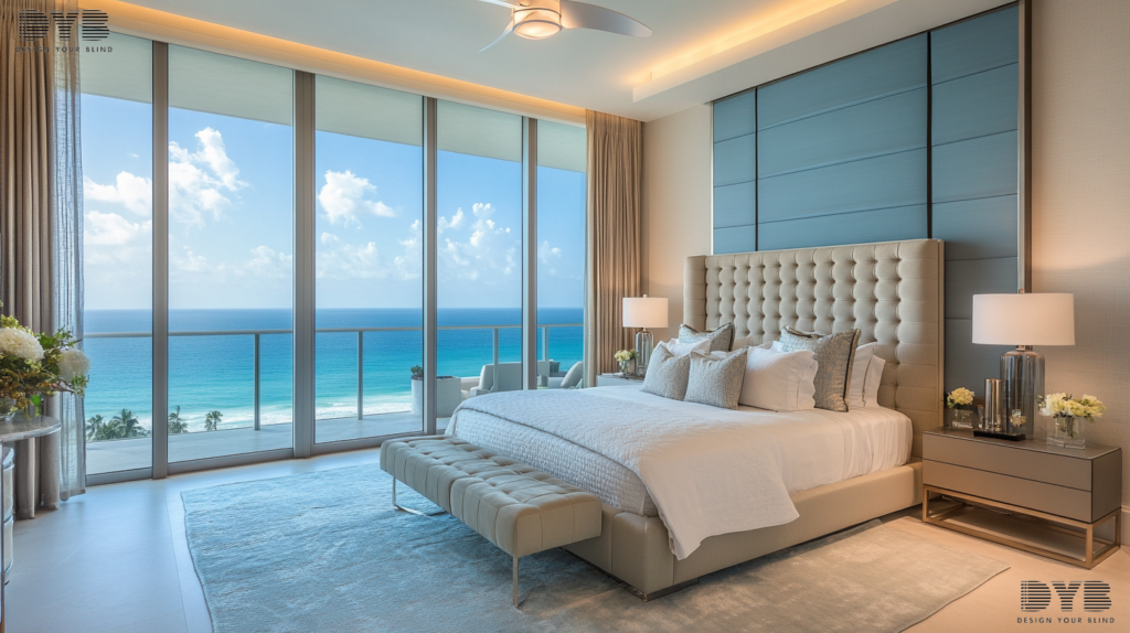 Palm Beach Gardens bedroom featuring custom Roller Shades, offering style, privacy, and heat control.