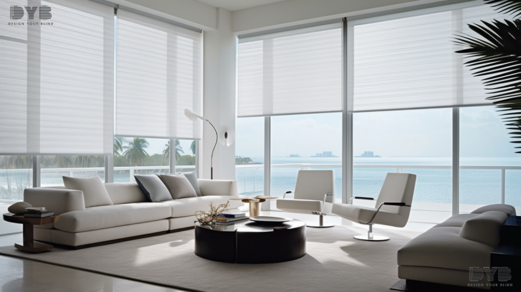Contemporary living room in Palm Beach Gardens with custom Roller Shades, creating a modern and stylish ambiance.