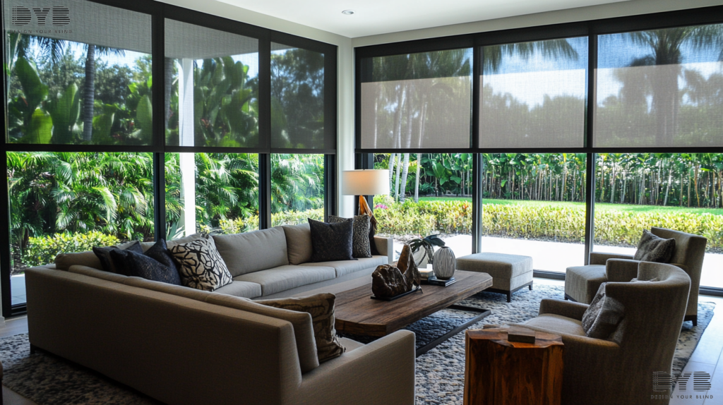 Blackout Roller Shades in a modern Boynton Beach family room, creating a peaceful retreat