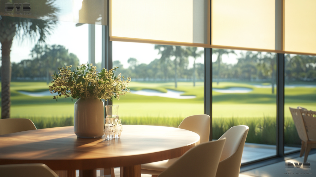 Casual dining room in Palm Beach Gardens featuring custom Roller Shades, providing privacy and a warm, inviting ambiance.