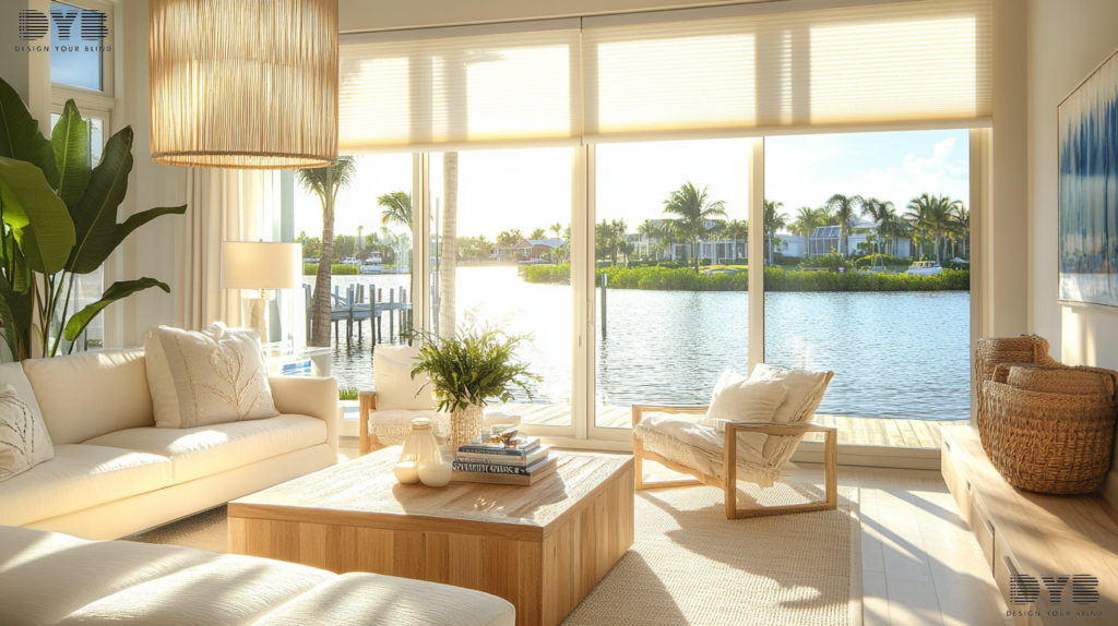 Roller Shades in Palm Beach Gardens, FL, offering the perfect blend of style and functionality for a coastal living room.