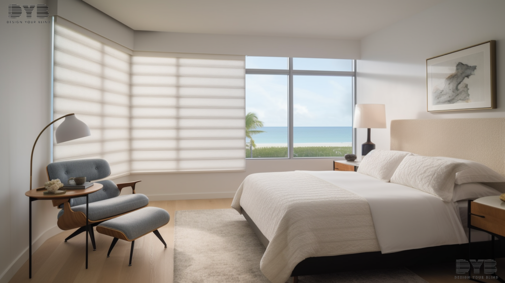 Silhouette Shades in a guest bedroom in Boynton Beach, Florida, with an ocean view