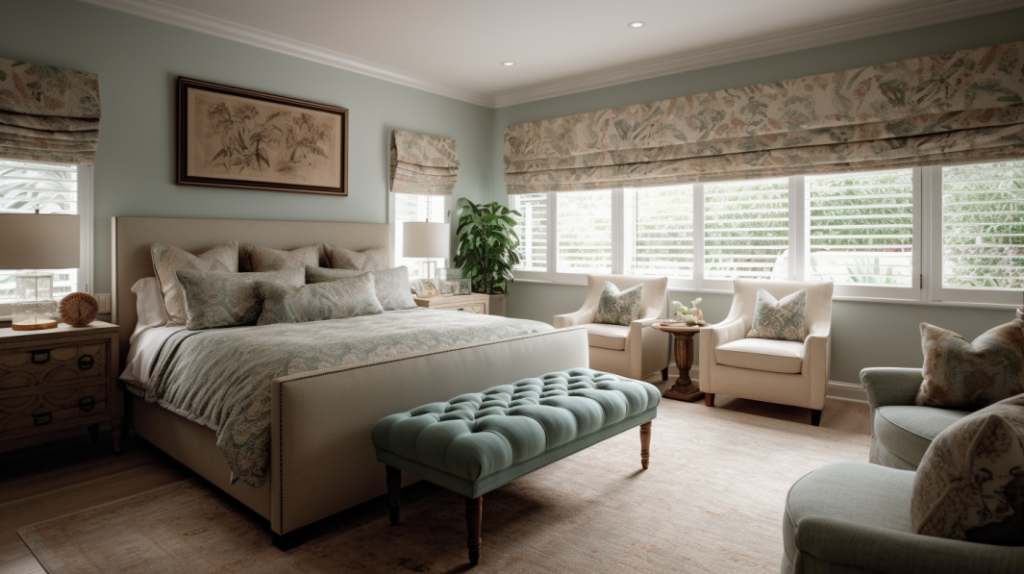 A bedroom in Lighthouse Point, FL, with Roman Shades, a Bernhardt bed, and a view of the backyard.