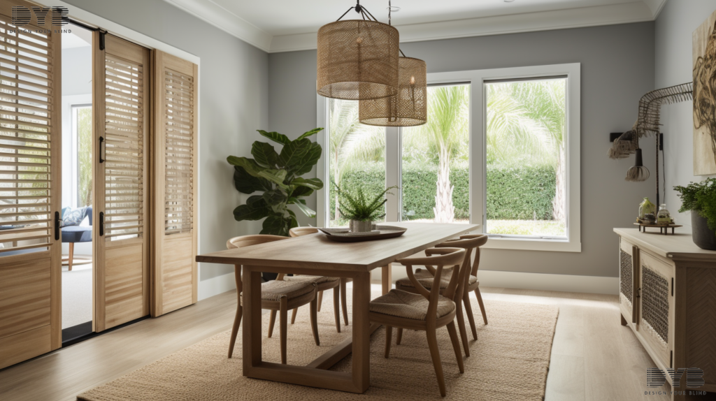 A farmhouse-style dining room in Lighthouse Point, FL, with Roman Shades, an Arhaus dining table, and a view of the backyard.
