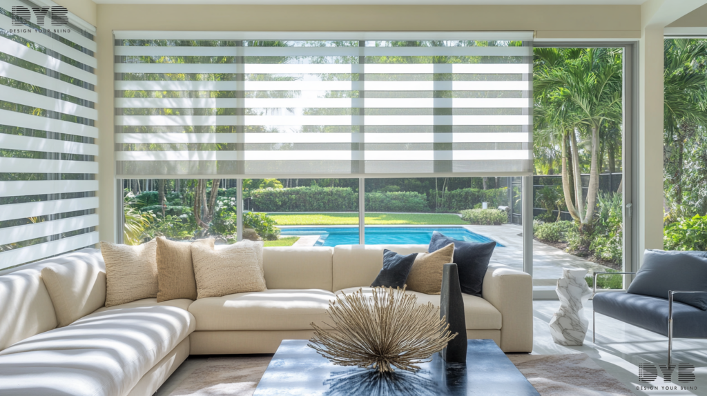 Lighthouse Point living room with Zebra Shades, creating a captivating interplay of light and shadow