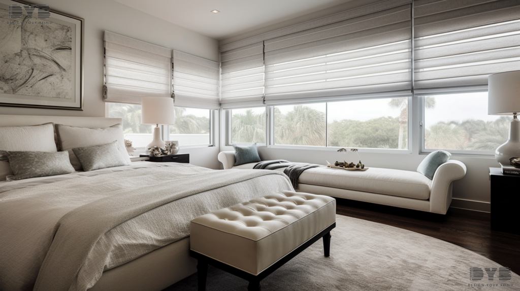 A master bedroom in Lighthouse Point, FL, with Roman Shades, a Bernhardt bed, and a view of the canal.