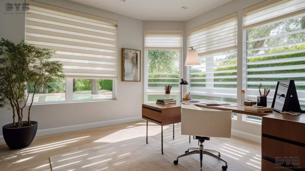 A home office in Lighthouse Point, FL, with Roman Shades, a Williams Sonoma desk, and a view of a backyard with a pool.