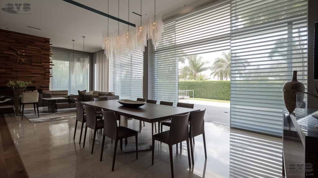 A dining room with Silhouette Shades in Boca Raton, Florida.