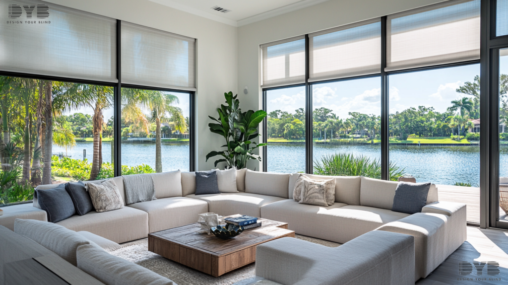 Solar Shades in a Boynton Beach, FL Family Room with a Modern interior design style and furniture from Williams Sonoma