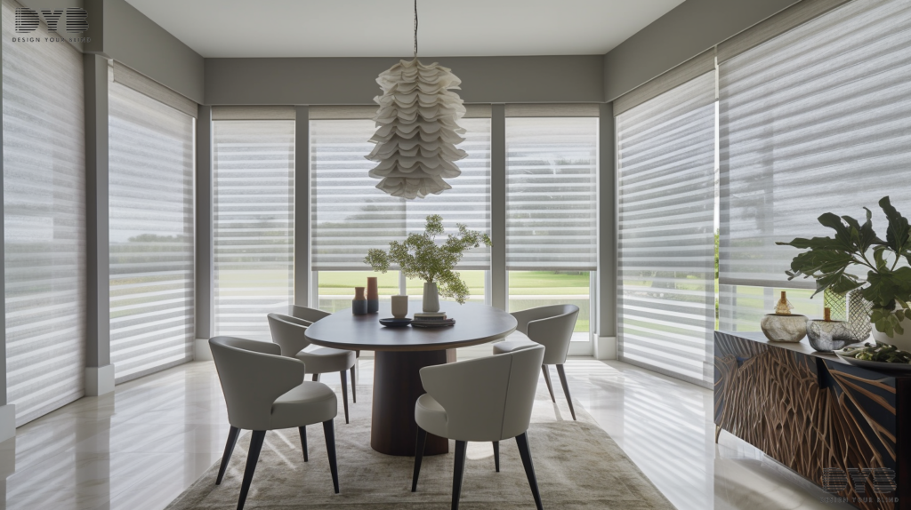 A dining room in Lighthouse Point, FL, with Roman Shades, a Baker Furniture dining table, and a view of the lake.