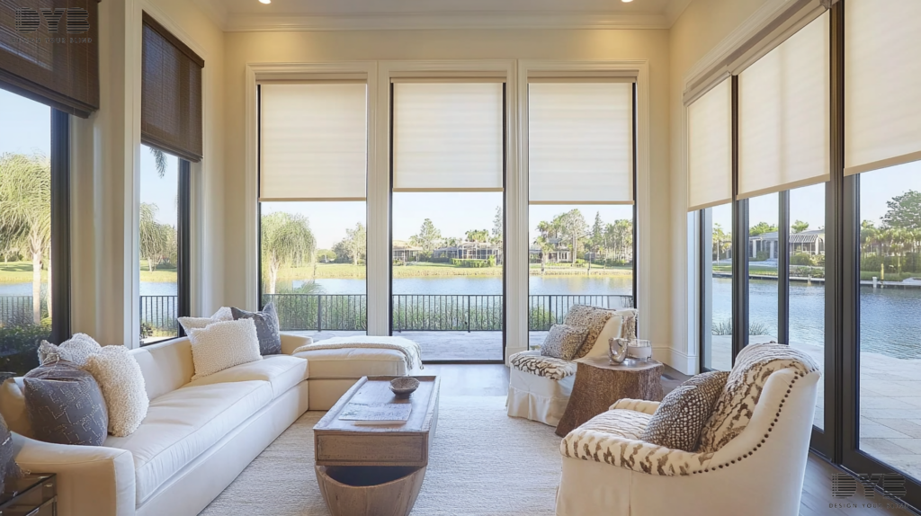 Solar Shades in a Boynton Beach, FL living room with a Transitional interior design style and furniture from Bernhardt