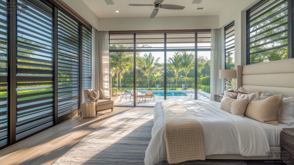 Solar Shades in a Boynton Beach, FL Master Bedroom with a Farmhouse Modern interior design style and furniture from Restoration Hardware