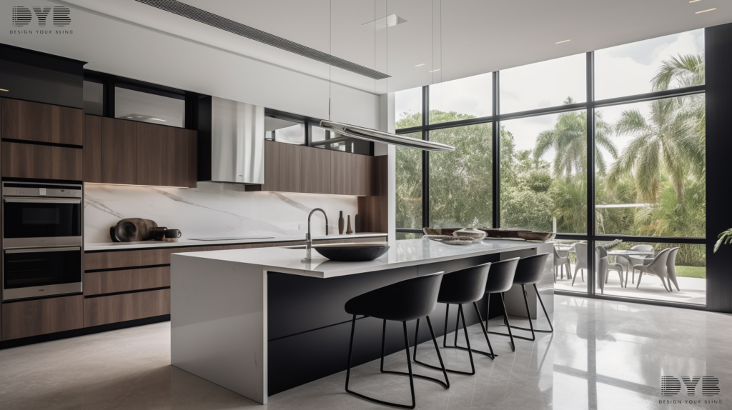 Silhouette Shades in a modern kitchen in Boynton Beach, Florida, with a garden view