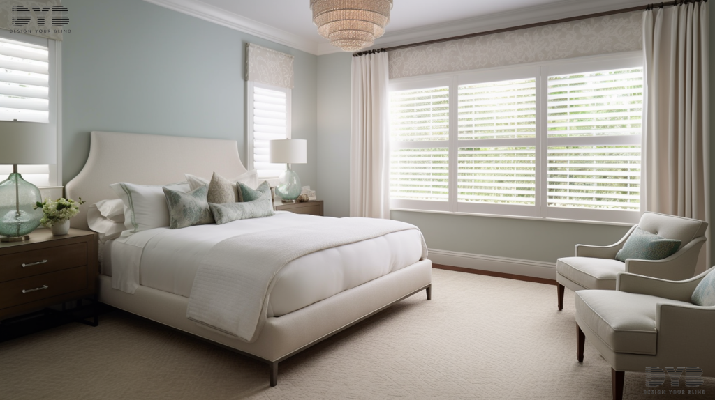 Guest bedroom in Boynton Beach, Florida, featuring Zebra Shades, a plush king-size bed, and a view of the backyard with pool.