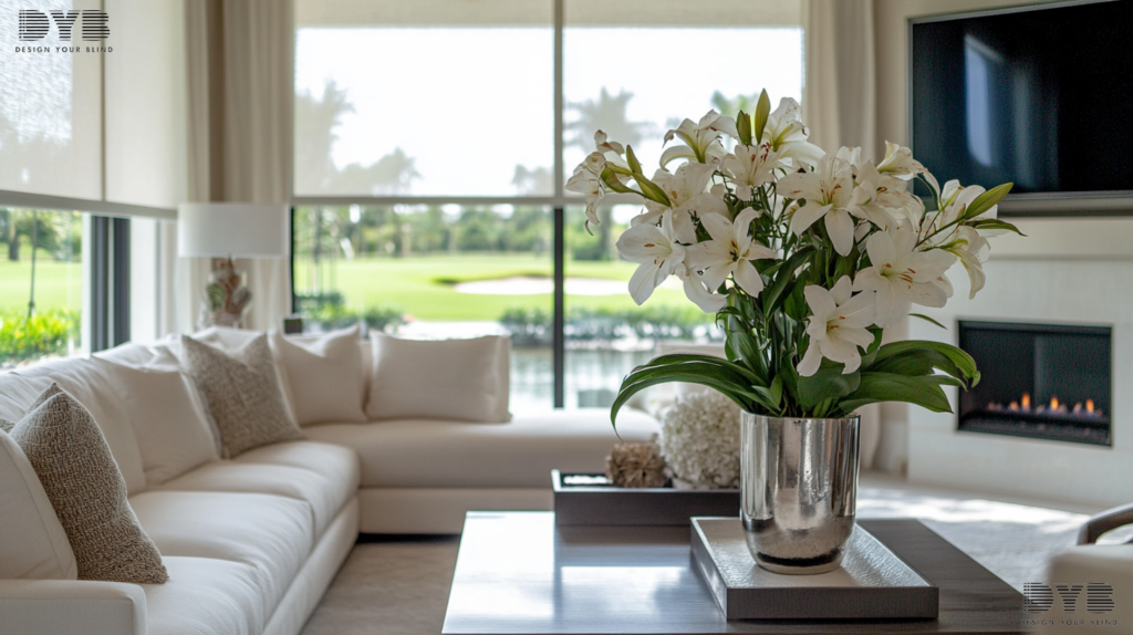 A contemporary Parkland living room with Screen Roller Shades partially closed, overlooking a golf course.
