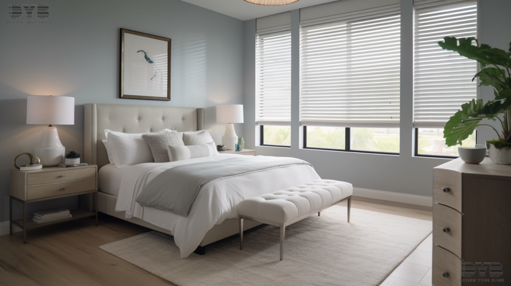 Honeycomb Shades in a West Palm Beach master bedroom, creating a serene and stylish ambiance