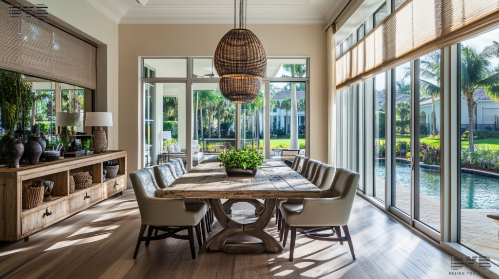 A dining room in West Palm Beach with Silhouette Shades, casting soft shadows on the walls and furniture.
