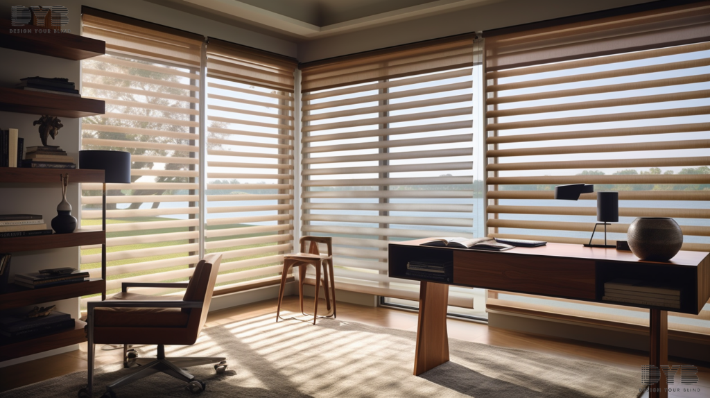 Home office in Lighthouse Point, FL with Zebra Shades, featuring a desk, chair, and lake view.