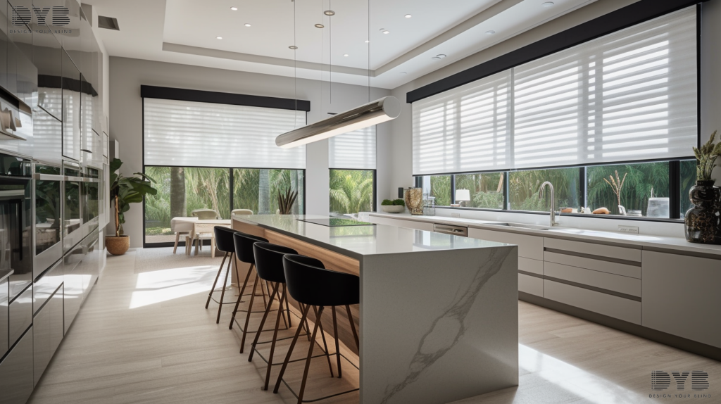 Modern kitchen in Lighthouse Point, FL with Roller Shades, featuring a large island with bar stools and a view of a garden.