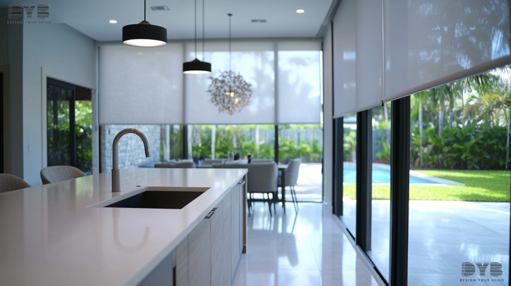 A modern Parkland kitchen with Screen Roller Shades fully closed, overlooking the backyard.