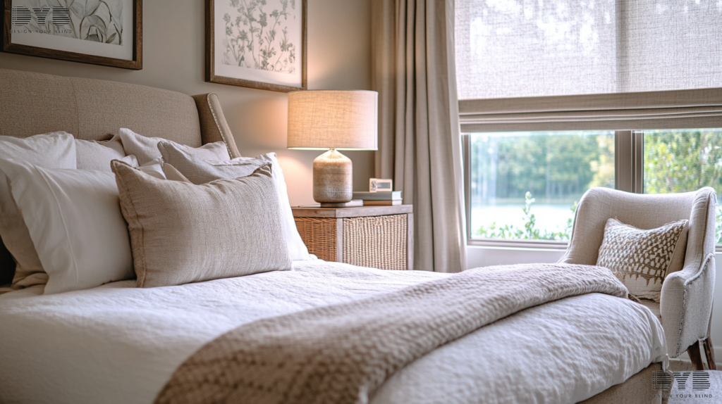 A cozy Parkland bedroom with Screen Roller Shades fully closed, overlooking a lake.